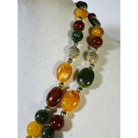 Vtg Amber-Like Beaded Earth tone Necklace Gold-Toned Accents Double-Strand 18" - Picture 3 of 7